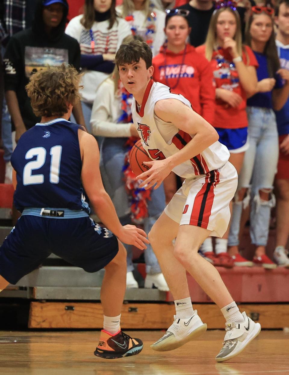 Field senior Cole Muncy with the ball during Tuesday night’s game against the Rootstown Rovers at Field High School. Field defeated Rootstown 61-50.