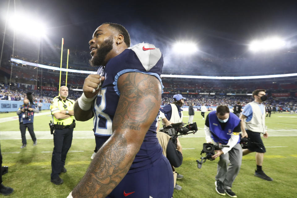 Tennessee Titans defensive tackle Jeffery Simmons leaves the field after an NFL football game against the Buffalo Bills Monday, Oct. 18, 2021, in Nashville, Tenn. The Titans won 34-31. (AP Photo/Wade Payne)