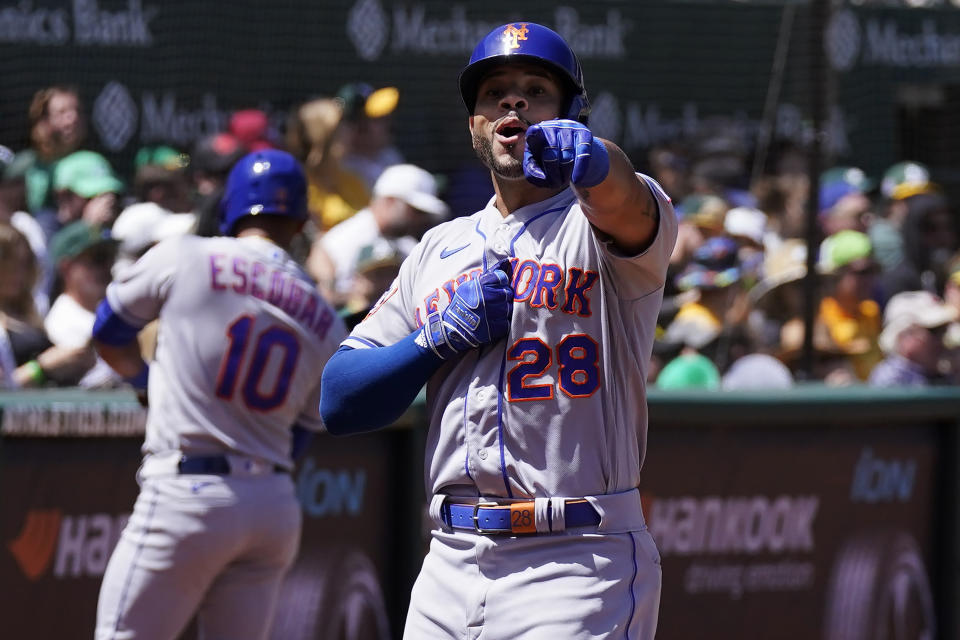 New York Mets' Tommy Pham celebrates after hitting a home run against the Oakland Athletics during the second inning of a baseball game in Oakland, Calif., Sunday, April 16, 2023. (AP Photo/Jeff Chiu)