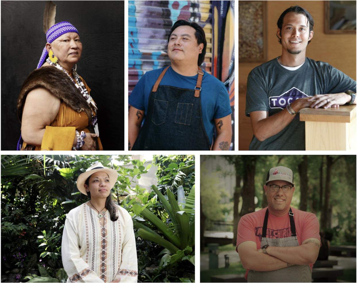 Chef Sherry Pocknett (Mashpee Wampanoag), Chef Bradley Dry (Cherokee), Chef Ben Jacobs (Osage), Chef Andrea Condes (Murdoch), Chef Anthony Bauer (Turtle Mountain Band of Chippewa).