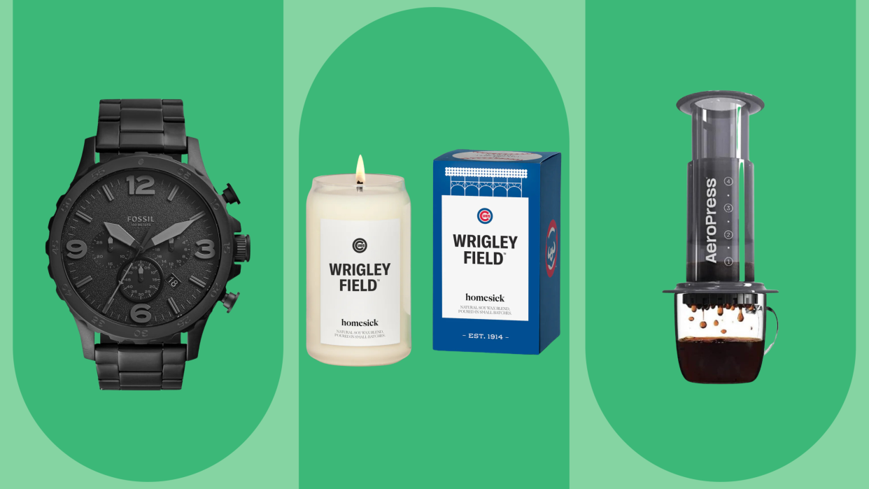 Fossil black watch, Wrigley Field candle, Aeropress coffee maker