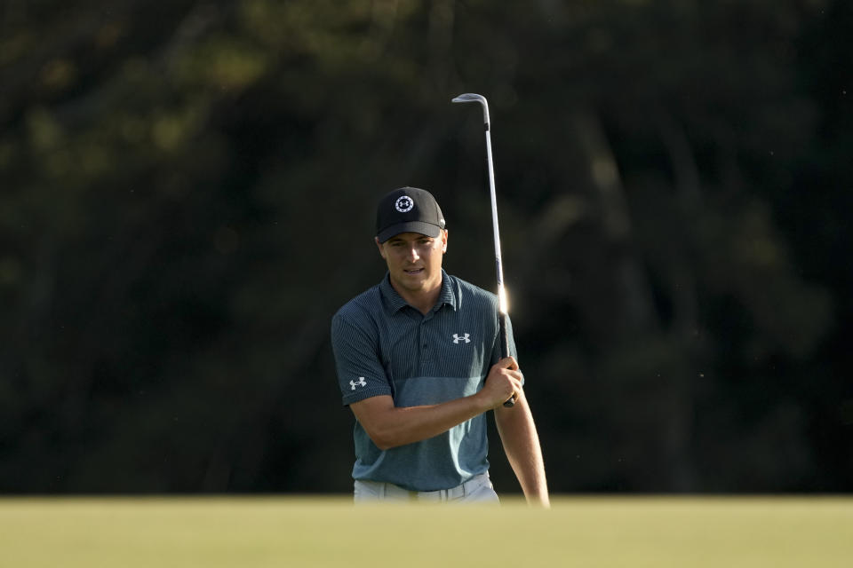 Jordan Spieth walks up to the 18th green during the final round of the Masters golf tournament on Sunday, April 11, 2021, in Augusta, Ga. (AP Photo/David J. Phillip)