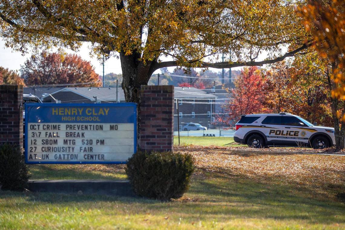A Fayette County Public Schools police vehicle is parked outside Henry Clay High School in Lexington, Ky., on Thursday, Oct. 27, 2022.