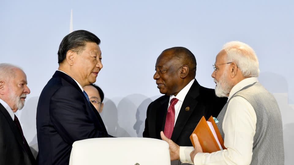 Chinese leader Xi Jinping, South African President Cyril Ramaphosa and Indian Prime Minister Narendra Modi at the BRICS Summit in Johannesburg, South Africa, on August 24. - BRICS/Anadolu Agency/Getty Images