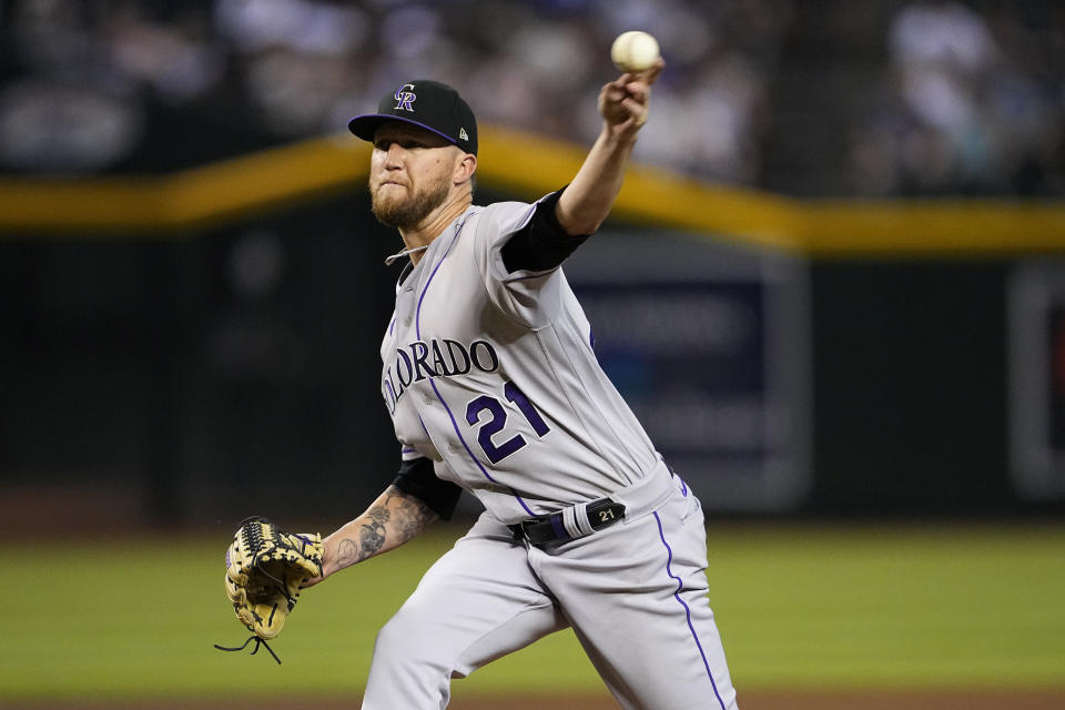 Colorado Rockies starting pitcher Kyle Freeland throws against the Arizona Diamondbacks during the fourth inning of a baseball game, Tuesday, Sept. 5, 2023, in Phoenix. (AP Photo/Matt York)