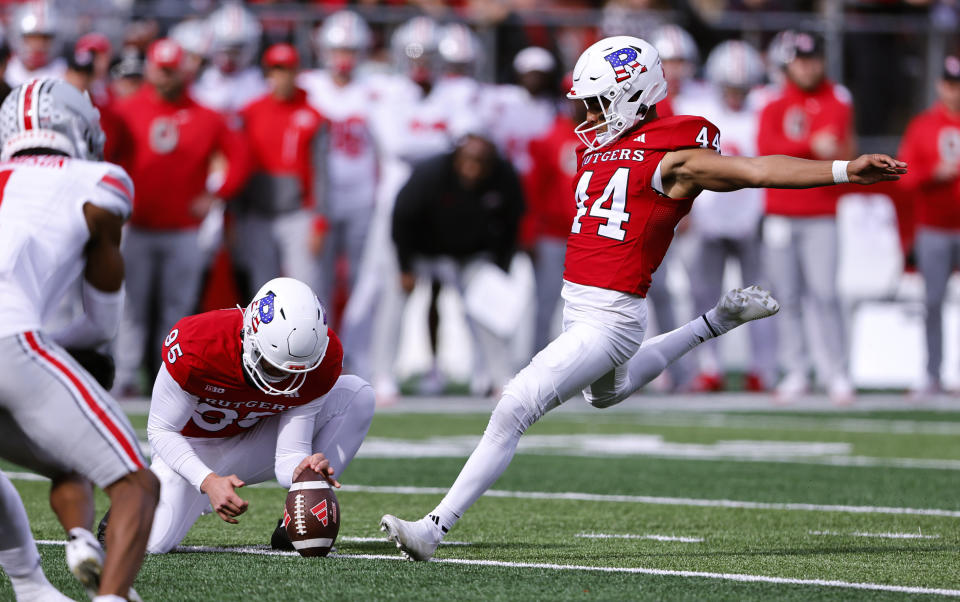 Rutgers place-kicker Jai Patel (44) makes a field goal against Ohio State during the first half of a NCAA college football game, Saturday, Nov. 4, 2023, in Piscataway, N.J. (AP Photo/Noah K. Murray)