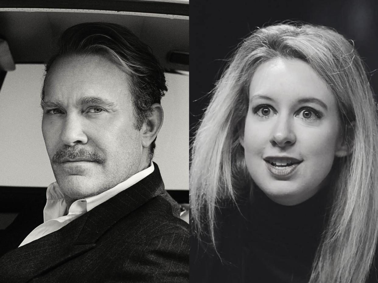A black-and-white composite of Patrick O'Neill wearing a blazer and shirt and Elizabeth Holmes wearing a black turtleneck