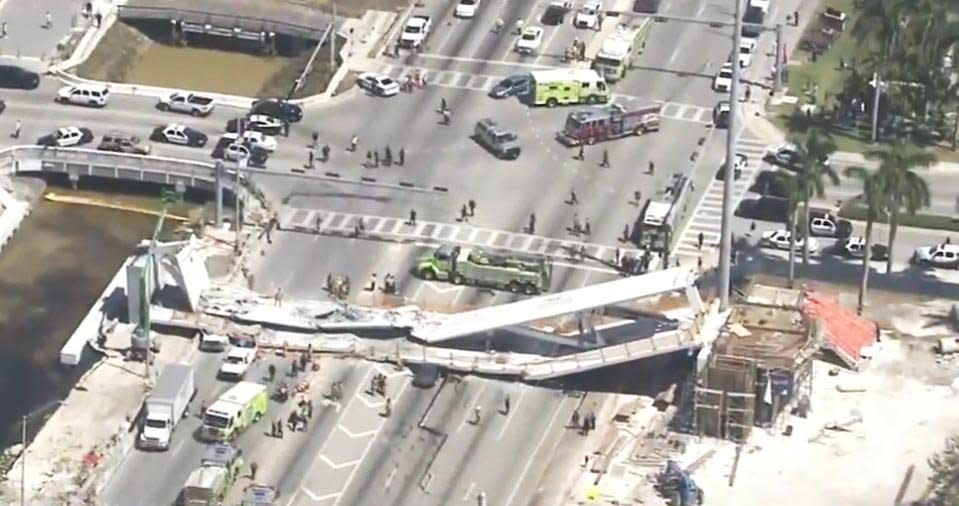At least six&nbsp;people are dead following a&nbsp;pedestrian bridge collapse in Miami on Thursday. (Photo: <a href="https://wsvn.com/news/local/fiu-pedestrian-bridge-collapses-onto-sw-8th-street/" target="_blank">7 News WSVN</a>)