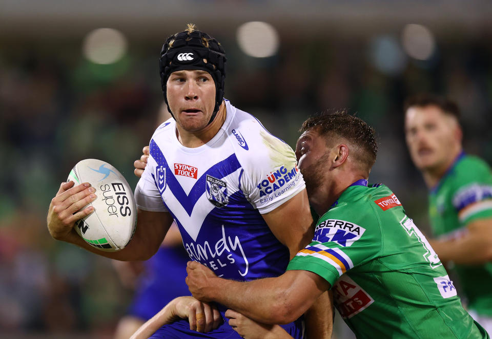 Seen here, star signing Matt Burton in action for the Bulldogs against the Canberra Raiders.