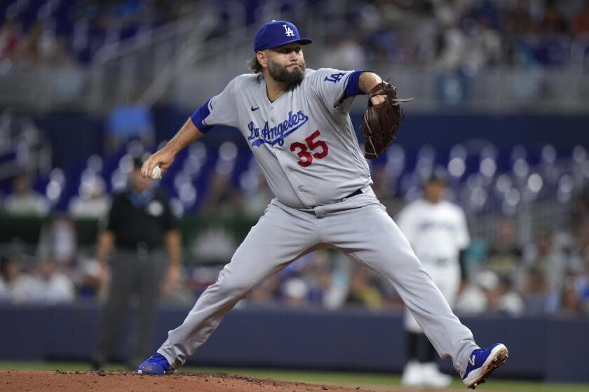 Los Angeles Dodgers' Lance Lynn delivers a pitch during the first inning of a baseball game against the Miami Marlins, Wednesday, Sept. 6, 2023, in Miami. (AP Photo/Wilfredo Lee)