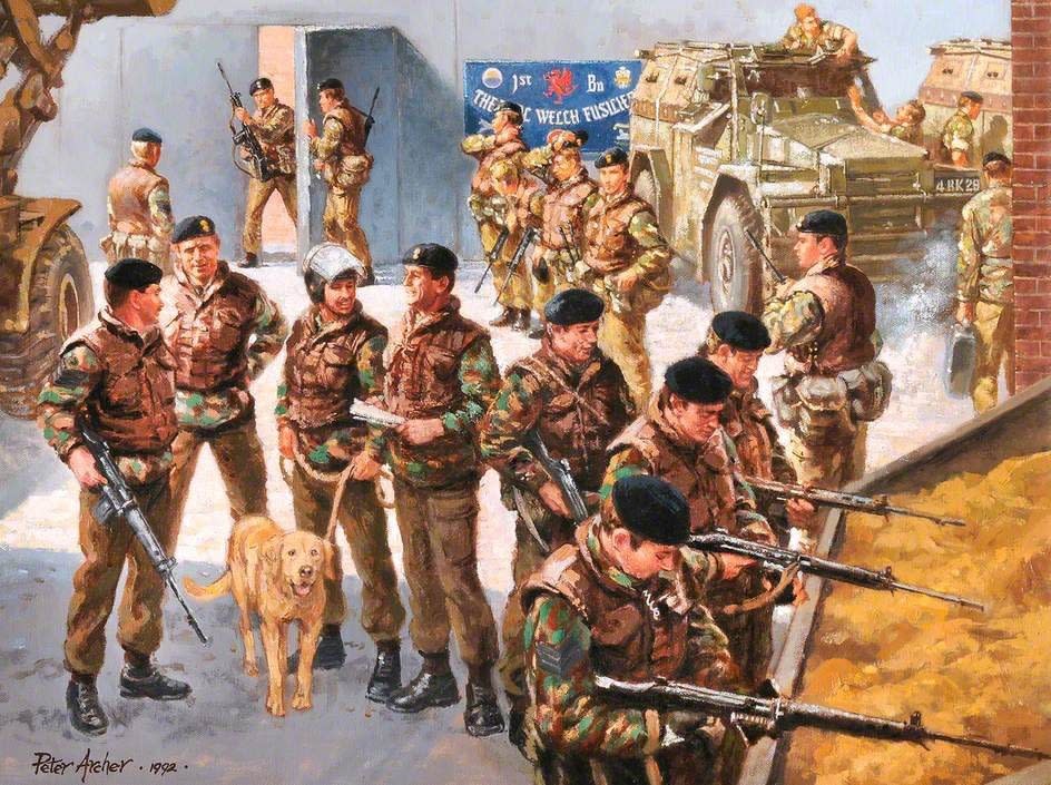 Peter Archer's painting commemorating the 1981 Ulster tour of duty of the 1st Battalion of the Royal Welch Fusiliers: Reece can be seen immediately to the right of the search dog, clutching a bundle of papers - Peter Welsh/Trustees of The Royal Welch Fusiliers Museum 