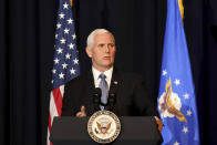 Vice President Mike Pence speaks during a memorial service for the late Air Force Brig. Gen. Chuck Yeager in Charleston, W.Va., on Friday, Jan. 15, 2021. Yeager died last month at age 97. The West Virginia native in 1947 became the first person to fly faster than sound. (AP Photo/Chris Jackson)