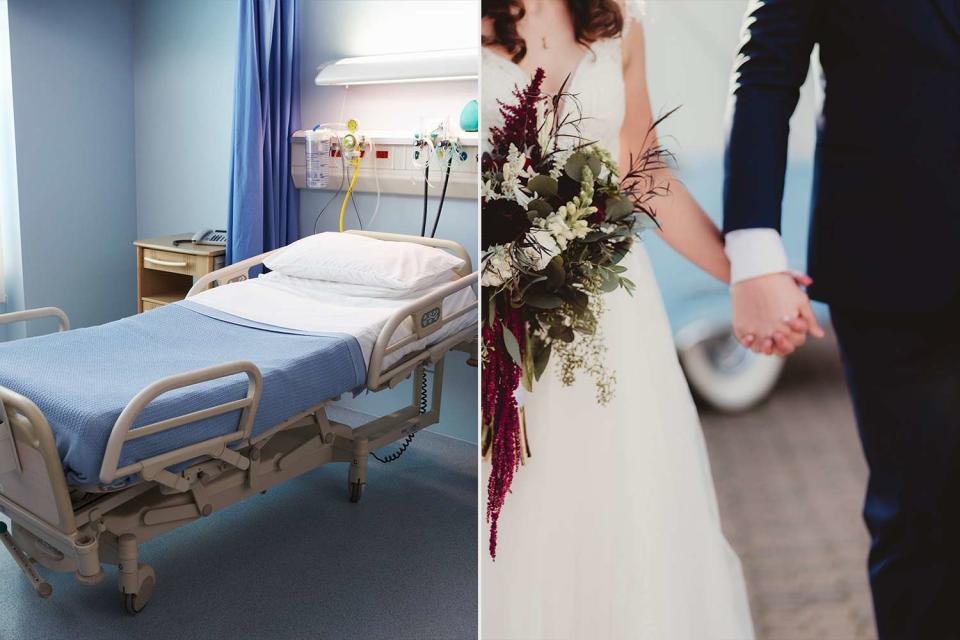 <p>Getty</p> A stock image of a hospital bed; a stock image of a bride and groom