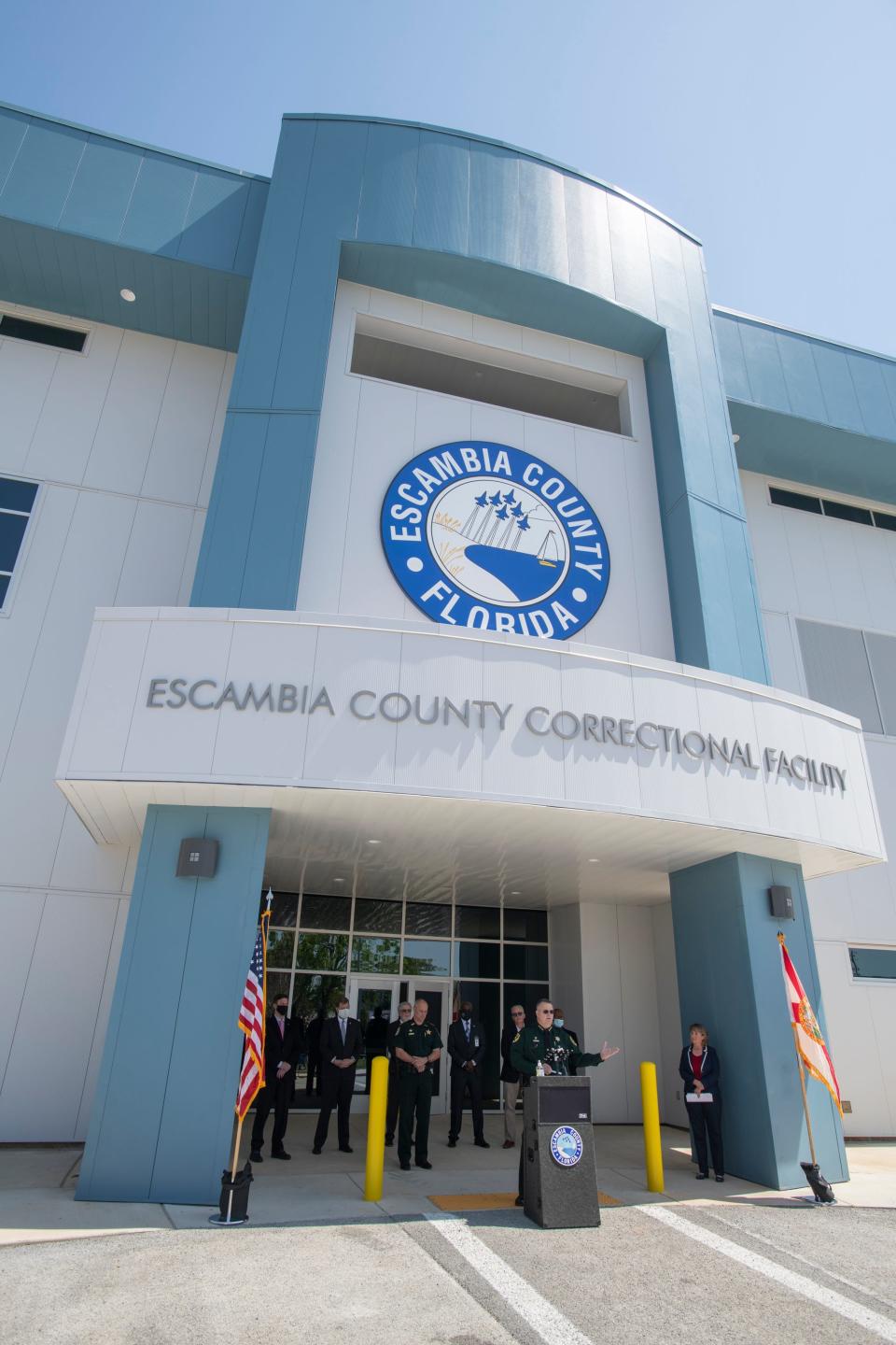 Chief of Corrections William "Rich" Powell speaks during the ribbon cutting ceremony at the new Escambia County Correctional Facility in Pensacola on Monday, March 29, 2021.