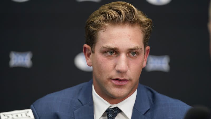 BYU quarterback Kedon Slovis speaks to reporters during the Big 12 college football media days in Arlington, Texas, Wednesday, July 12, 2023.