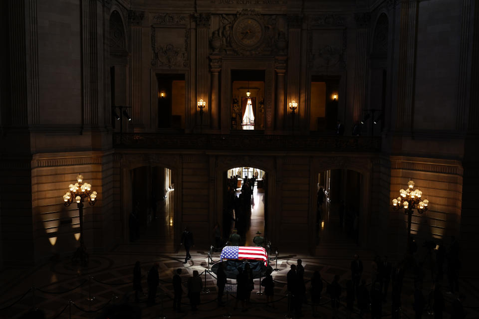 The casket of Sen. Dianne Feinstein is placed at City Hall where it was to be displayed, Wednesday, Oct. 4, 2023, in San Francisco. Feinstein, who died Sept. 29, served as San Francisco mayor. (AP Photo/Godofredo A. Vásquez)