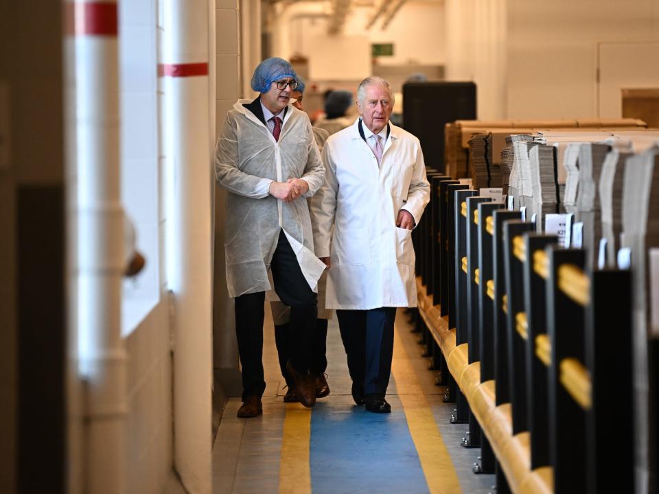 King Charles III tours Kellogg's factory on its 100th anniversary in Manchester on January 20, 2023.