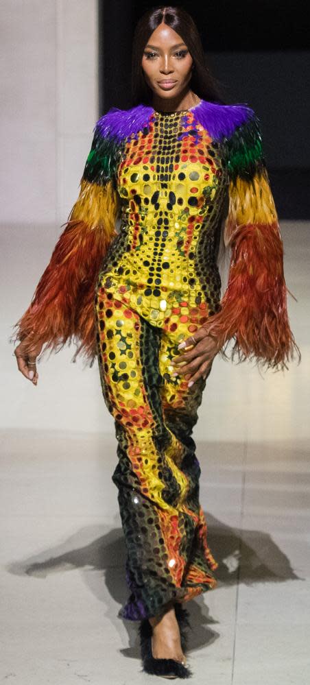 Naomi Campbell walks the runway at the Fashion for Relief show during London Fashion Week September 2019