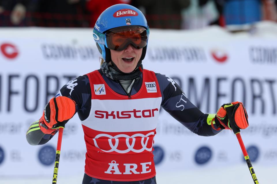Mikaela Shiffrin won her record-tying 86th World Cup race with victory in a giant slalom, matched the overall record set by Swedish great Ingemar Stenmark.