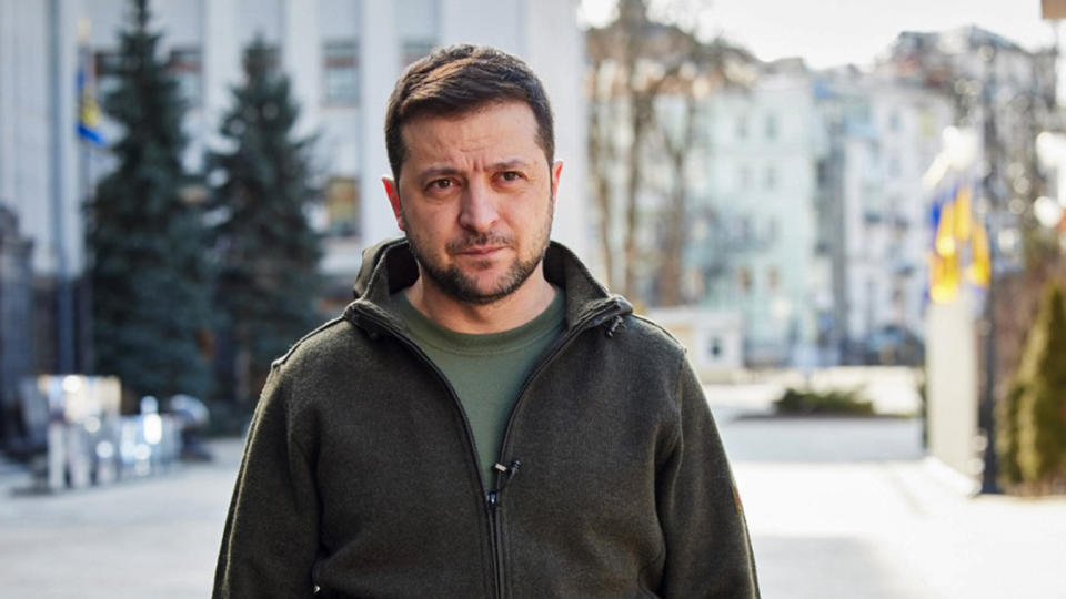 Ukrainan President Volodymyr Zelensky is pictured during an address to the nation from Kyiv on Friday.