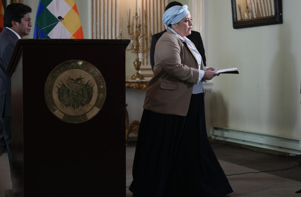 Bolivian interim Foreign Minister Maria Nela Prada leaves after giving a press conference in La Paz, Bolivia, Monday, July 1, 2024. (AP Photo/Juan Karita)