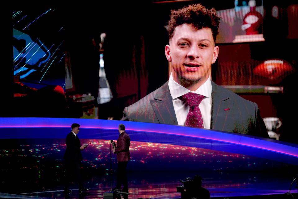 AP Most Valuable Player Patrick Mahomes of the Kansas City Chiefs accepts his award on tape during the NFL Honors awards show.