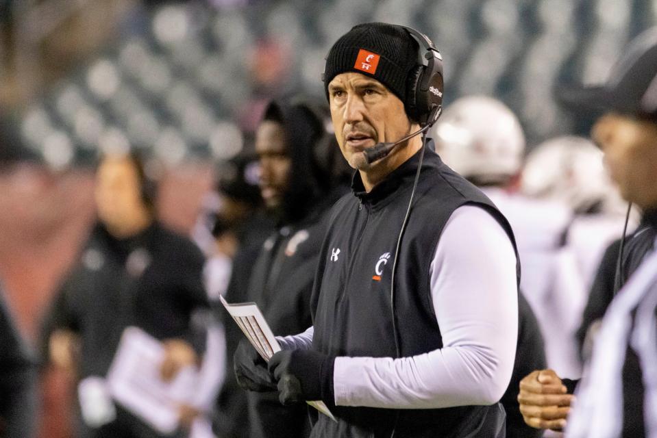 Cincinnati head coach Luke Fickell looks on in the first half of an NCAA college football game against Temple, Saturday, Nov. 19, 2022, in Philadelphia. (AP Photo/Laurence Kesterson)