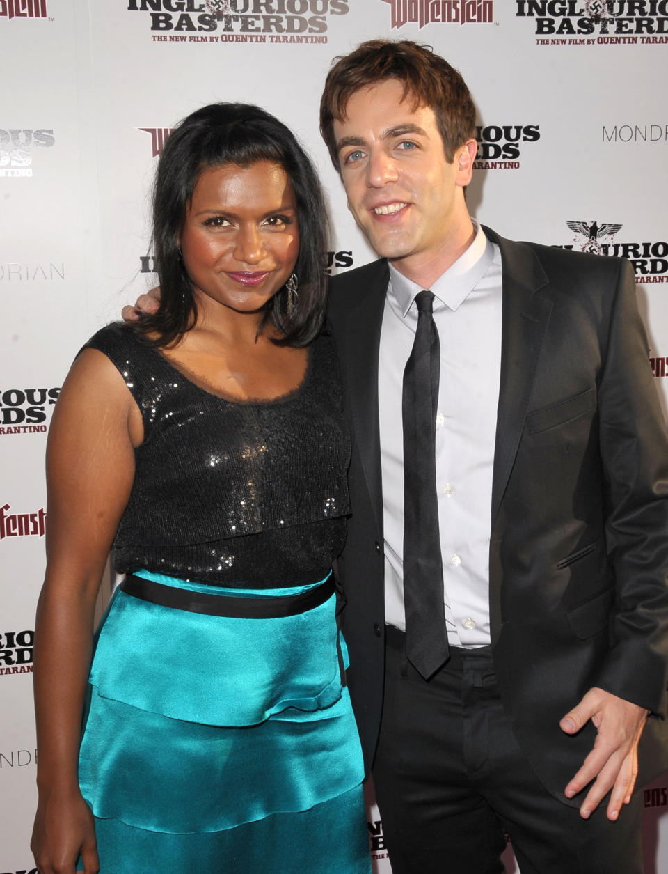 Actress Mindy Kaling and actor B.J. Novak arrive at the 'Inglourious Basterds' Premiere Presented by The Weinstein Co held at Grauman's Chinese Theatre on August 10, 2009 in Hollywood, California.