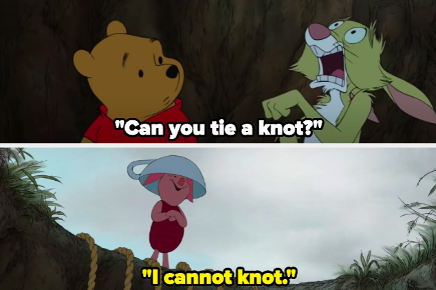 Rabbit asking "Can you tie a knot?" and Piglet answering "I cannot knot."