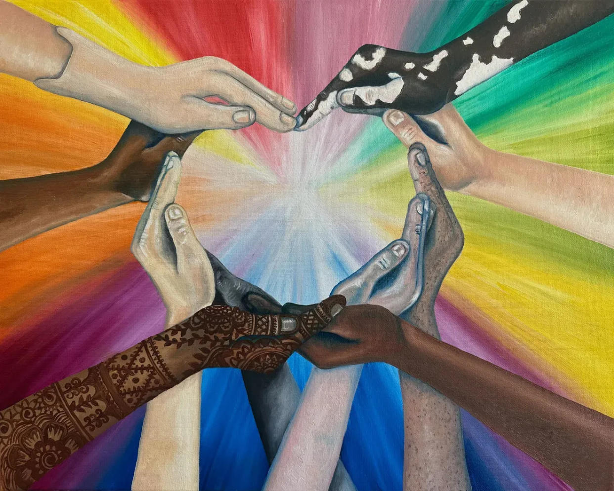 This artwork, Hand'le with Care by Samantha Dennis, of Woodbridge, Canada, won Best-in-Show Adult in the Embracing Our Differences 2024 exhibit.