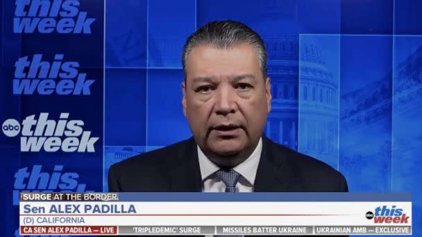 PHOTO: A video grab show Alex Padilla in an interview with Martha Raddatz, not seen, on This Week. (ABC News)