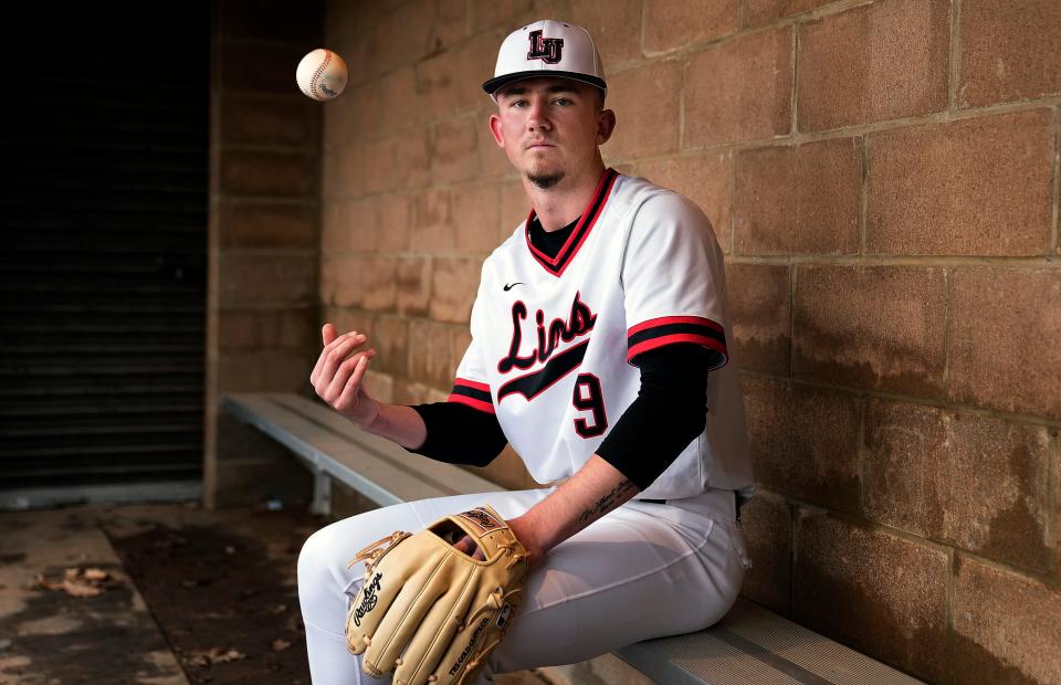 Liberty Union pitcher Jacob Miller, a Louisville commit, is one of the best pitchers in Ohio and MLB.com's No. 56 prospect in this draft class. Miller poses for a photo at Liberty Union High School baseball field in Baltimore, Ohio on April 11, 2022. 