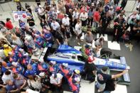 May 28, 2017; Indianapolis, IN, USA; Verizon Indycar driver Takuma Sato celebrates winning the 101st Running of the Indianapolis 500 at Indianapolis Motor Speedway. Mandatory Credit: Thomas J. Russo-USA TODAY Sports