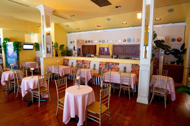 The restaurant’s interior is an homage to the show’s pastel-heavy set. (Photo: Courtesy of Bucket Listers)