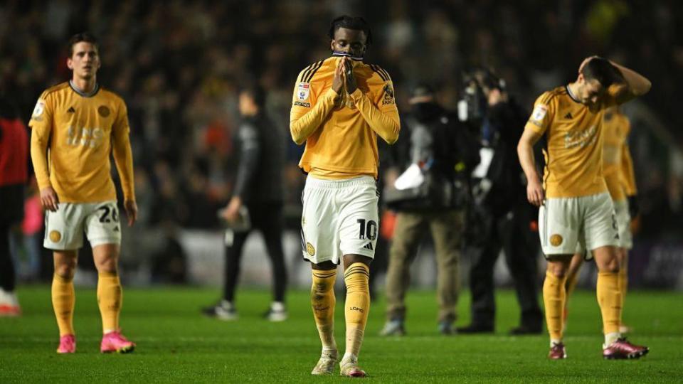 Stephy Mavididi of Leicester City and teammates react following their team's defeat in the Sky Bet Championship match between Plymouth Argyle and Leicester City at Home Park