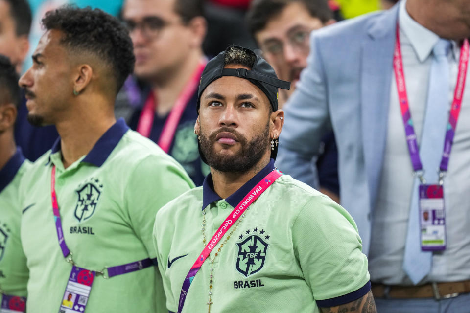 Brazil's Neymar looks on prior the World Cup group G soccer match between Cameroon and Brazil, at the Lusail Stadium in Lusail, Qatar, Friday, Dec. 2, 2022. (AP Photo/Andre Penner)