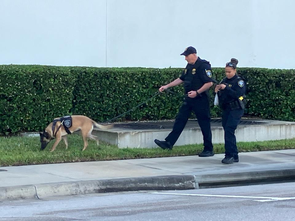 Local law enforcement sets up road blocks around the federal courthouse in Fort Pierce, in advance of former President Donald Trump's arrival for a closed hearing Feb. 12, 2024.