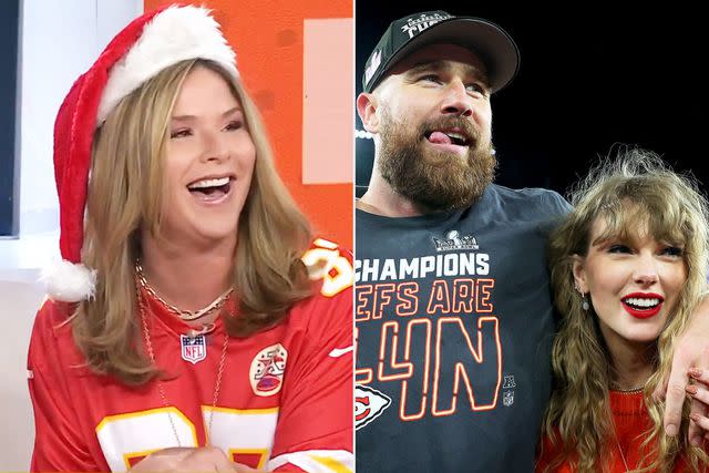 <p>Today Show/X; Patrick Smith/Getty</p> Jenna Bush Hager (left), Travis Kelce (middle), Taylor Swift (right)