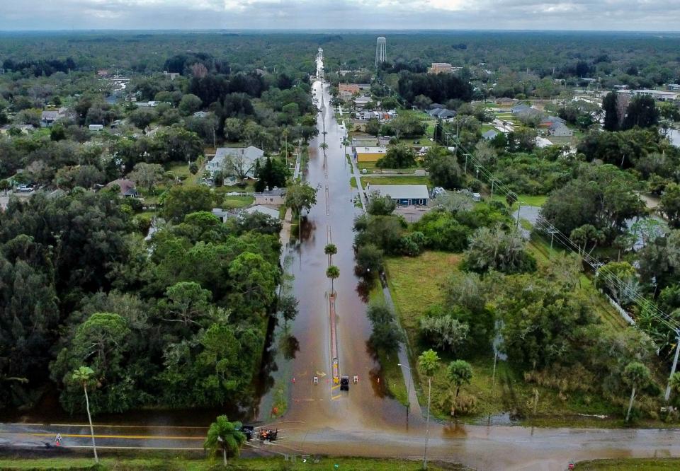 A drone photo of North Broadway Street in Fellsmere, showing the aftermath of a rainfall deluge.
