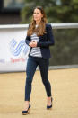 <p>Kate took part in a sports workshop in a casual blazer by Smythe, a Breton stripe Ralph Lauren top and J. Brand jeans. She paired the look with her favoured Stuart Weitzman cork wedges. </p><p><i>[Photo: PA]</i></p>