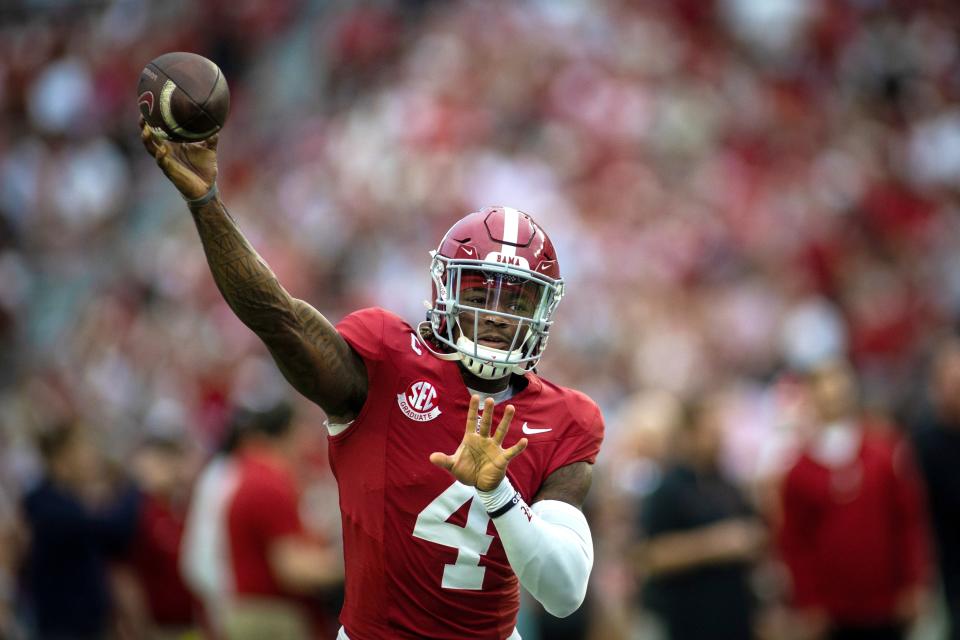 Sep 28, 2024; Tuscaloosa, Alabama, USA; Alabama Crimson Tide quarterback Jalen Milroe (4) throws a pass during warm ups before a game against the Georgia Bulldogs at Bryant-Denny Stadium. Mandatory Credit: Will McLelland-Imagn Images