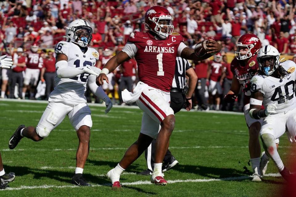KJ Jefferson is entering his fifth season at Arkansas. The quarterback passed for more than 2,600 yards and rushed for over 600 yards each of the past two seasons.