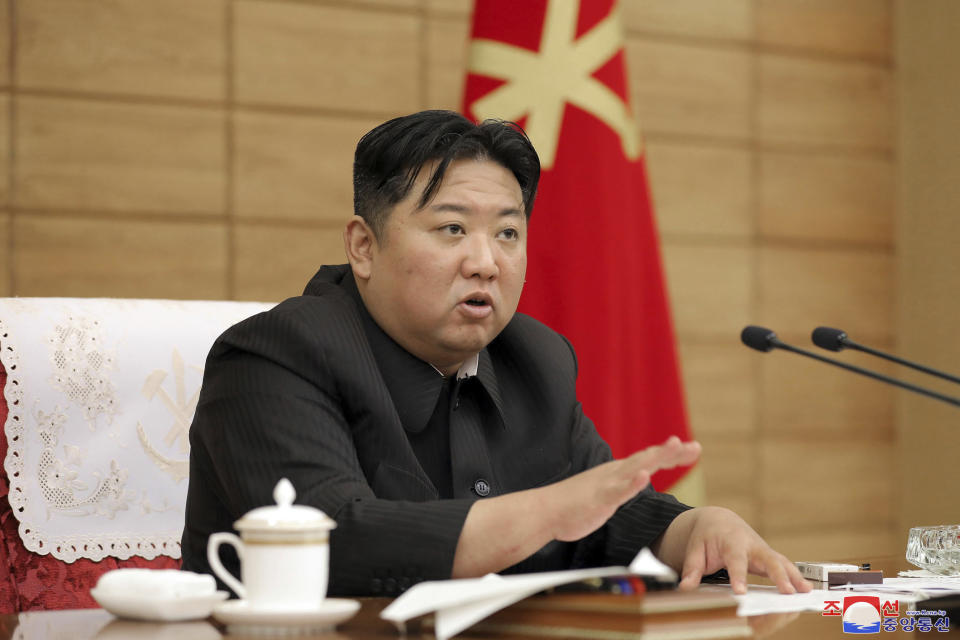 In this photo provided by the North Korean government, North Korean leader Kim Jong Un attend a a ruling party politburo meeting in Pyongyang, North Korea Saturday, May 21, 2022. Independent journalists were not given access to cover the event depicted in this image distributed by the North Korean government. The content of this image is as provided and cannot be independently verified. Korean language watermark on image as provided by source reads: "KCNA" which is the abbreviation for Korean Central News Agency. (Korean Central News Agency/Korea News Service via AP)