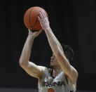 Virginia Tech's Hunter Cattoor 0) a 3-point basket in the second half of an NCAA college basketball game against Radford, Wednesday Nov. 25, 2020, in Blacksburg Va. (Matt Gentry/The Roanoke Times via AP)