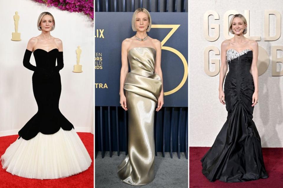 FROM LEFT: Mulligan wears archival Balenciaga to the Oscars, Armani Privé to the SAG Awards and vintage Schiaparelli at the Golden Globes. Images: Getty