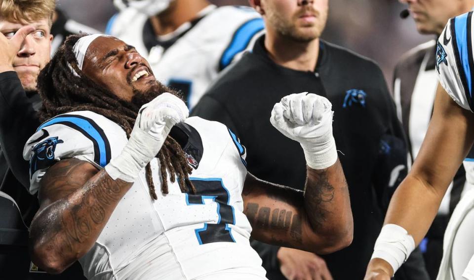 Carolina Panthers linebacker Shaq Thompson is carted off the field at the Bank of America Stadium in Charlotte, N.C., on Monday, September 18, 2023.