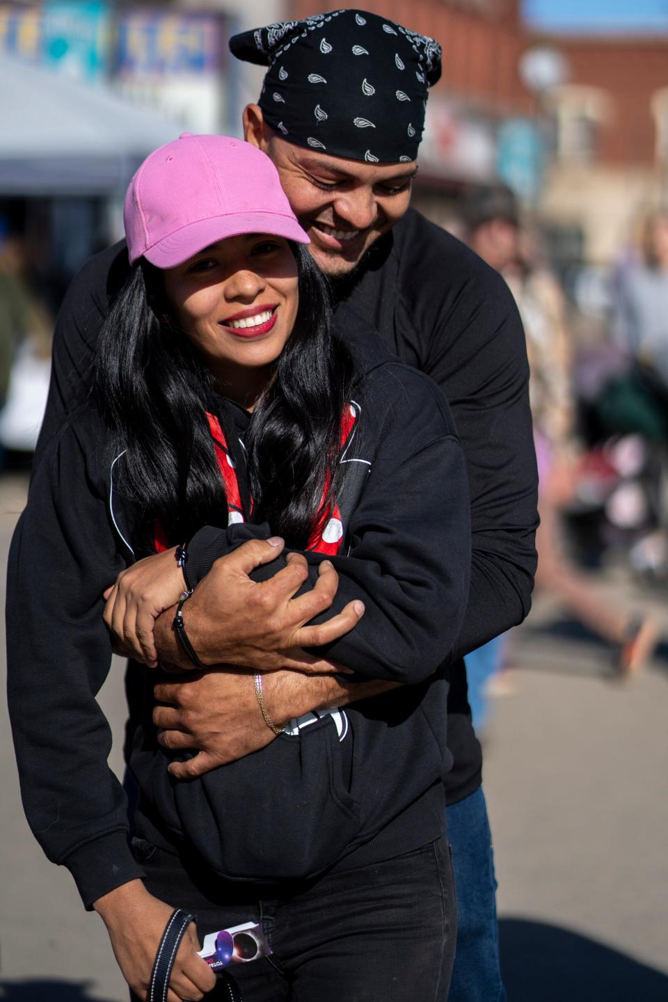 Phil Stafford and Michelle Aragon of Miami embrace after the solar eclipse in Houlton, Maine, the easternmost city in the United States in the path of the eclipse, April 8, 2024.