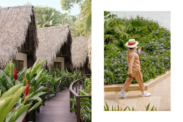 <p>Sofia Jaramillo</p> From left: Guest cabins at Casa Bambú Tayrona; a waitress delivers cocktails at Sofitel Barú Calablanca Beach Resort.