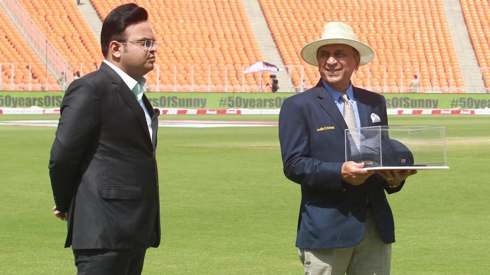 Jay Shah BCCI Secretary with Sunil Gavaskar celebrating his 50 years of Test debut during the Day 3 of the fourth PayTM Test match between India and England held at the Gujarat’s Narendra Modi Stadium on the 6 March 2021.