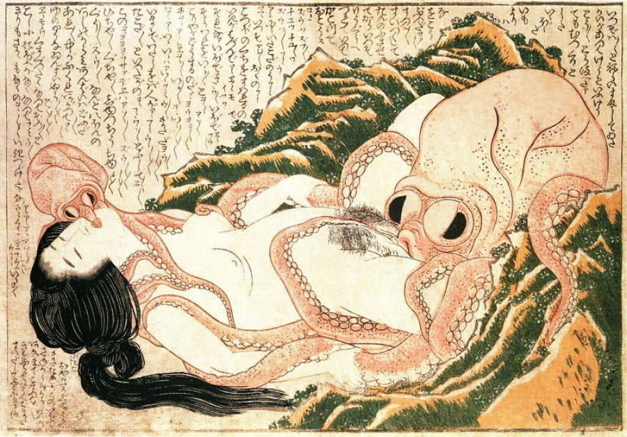 There's almost no ambiguity regarding the erotic nature of this painting. The print -- a perfect example of Japanese shunga art -- depicts a fisherman's wife deriving pleasure from a rather unique encounter with an octopus. But do you recognize the artist's name? Yes, the man behind "The Great Wave off Kanagawa" had more than landscape likenesses up his sleeve. 